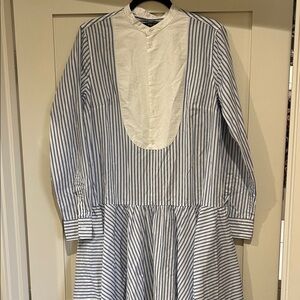 POLO RALPH LAUREN Blue and White Striped Cotton Midi Dress with Contrast COLLAR